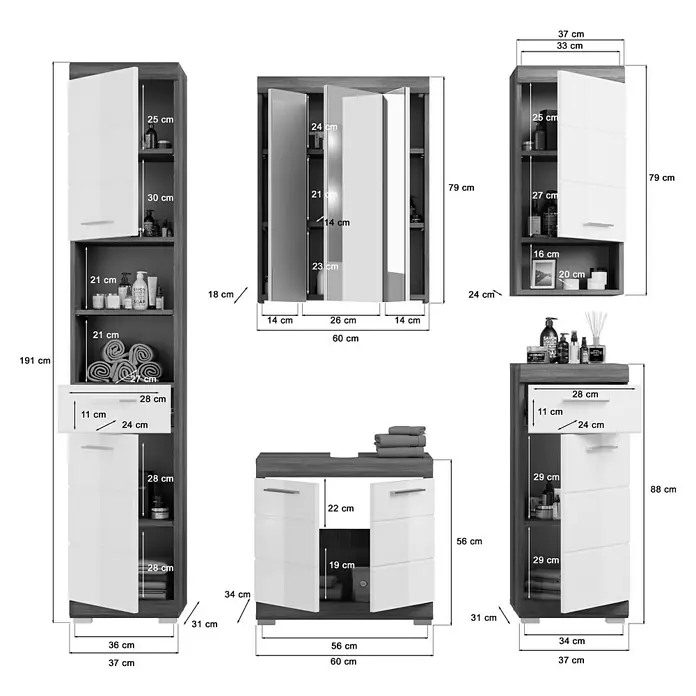 xonox.home Scout Badmöbel-Set Scout - 164 cm, Weiß/Rauchsilber, Glänzend, 2 Türen, Ohne Beleuchtung - Produktabbildung mit Maßangaben: Badezimmermöbel-Set in Weiß und Holzoptik, inklusive Hochschrank, Waschbeckenunterschrank und Spiegelschrank.