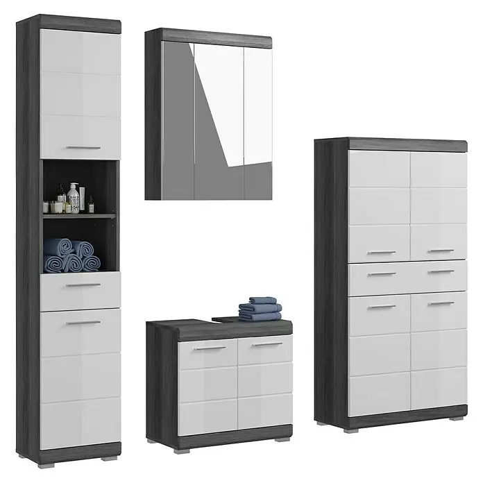 xonox.home Scout Badmöbel-Set Scout - 186 cm, Weiß/Rauchsilber, Glänzend, Mit Spiegelschrank & Hochschrank 3 - Abbildung eines modernen Badezimmer-Möbelsets in Grau und Weiß, bestehend aus einem Hochschrank, einem Spiegel, einem Unterschrank und einem Schrank.