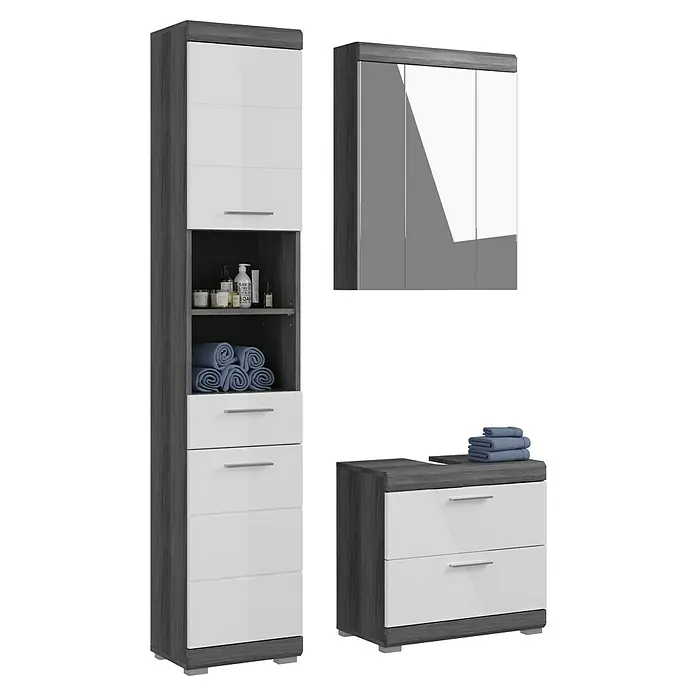 xonox.home Scout Badmöbel-Set Scout - 112 cm, Weiß/Rauchsilber, Glänzend, Mit Spiegelschrank, 2 Schubladen, 3 -tlg. - Ein Badezimmerset in Grau und Weiß mit einem Spiegelschrank, einem hohen Schrank und einem Waschbeckenunterschrank für ein stilvolles Badezimmer.