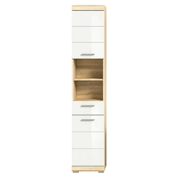 xonox.home Lambada Hochschrank Lambada - 37 x 31 x 191 cm, Weiß/Sonoma Eiche hell - Ein eleganter Hochschrank in Holzoptik mit weißen Hochglanzfronten und Griffen. Stilvolles Möbelstück zur Aufbewahrung im Wohnbereich.