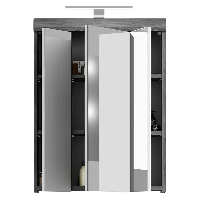 xonox.home Scout LED-Spiegelschrank Scout - B x H: 60 x 79 cm, Mit Beleuchtung, Holz, Rauchsilber - Bild eines Badezimmerschranks mit Spiegeltüren und Innenregalen. Der Schrank ist mit einer Aufsatzleuchte ausgestattet und bietet Stauraum für Badutensilien.