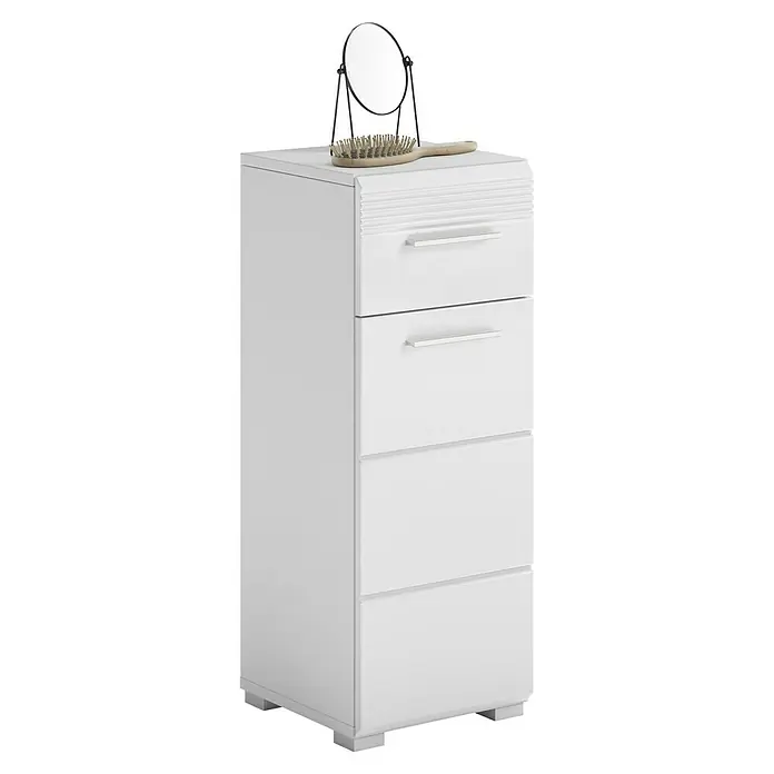 xonox.home Linus Unterschrank Linus - B x T x H: 30 x 31 x 79 cm, Weiß - Ein schlanker, weißer Schubladenschrank mit einem Spiegel und einer Bürste oben drauf, ideal für moderne Schlafzimmer.
