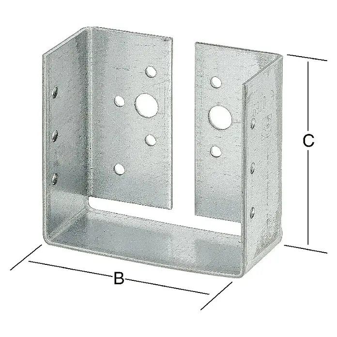 Stabilit Balkenschuh Typ B - B x H: 90 x 88 mm, Stahl - Metallverbinder für Holzkonstruktionen mit den Maßen B und C für Stabilität und Haltbarkeit bei Bauprojekten.