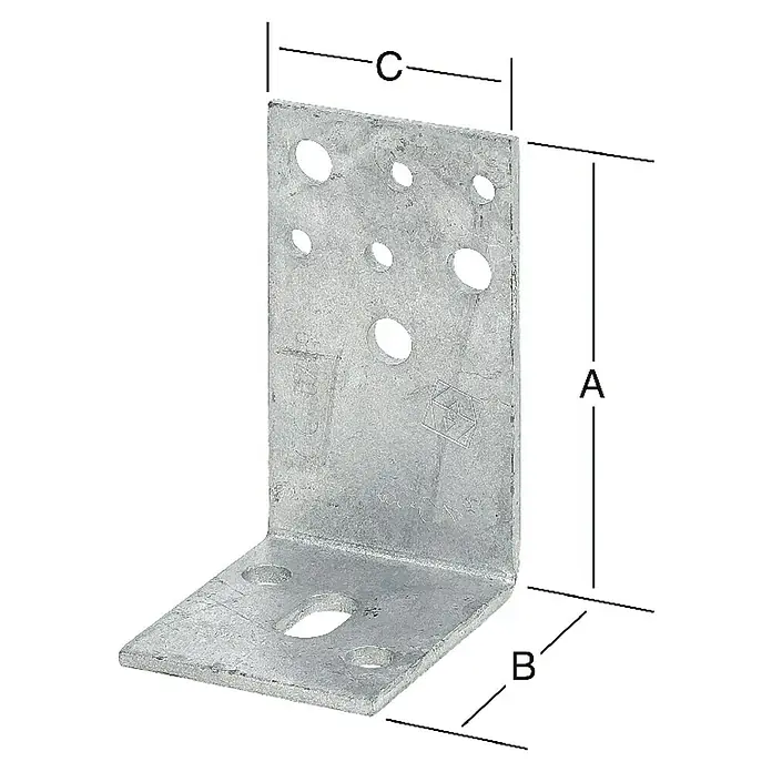 Stabilit L-Stützenschuh - L x B x H: 70 x 60 x 110 mm, Verzinkt - Winkelverbinder aus verzinktem Stahl mit Löchern, bezeichnet mit A, B und C.