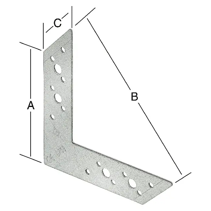 Stabilit Eckverbinder - L x B x H: 82 x 116 x 30 mm - Winkelverbinder mit Lochmuster und den Beschriftungen A, B und C zur Kennzeichnung der Maße.