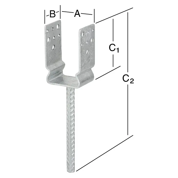 Stabilit Stützenschuh - L x B x H: 71 x 60 x 125 mm, Stahl - Abbildung eines Ankerpfostenträgers mit Maßen A, B, C1 und C2 zur Befestigung von Holzpfosten auf Betonfundamenten.