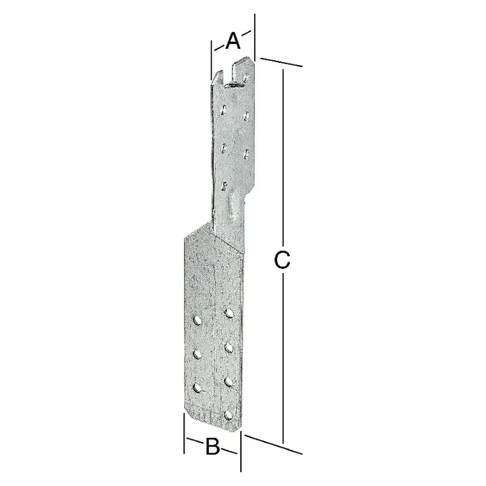 Stabilit Schwerlastanker - L x B x H: 36 x 36 x 210 mm - Bild eines Metallankers mit den Maßen A, B und C zur Befestigung von Holzbauteilen im Bauwesen.