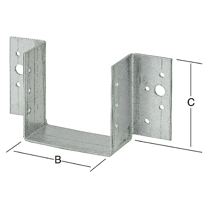 Stabilit Balkenschuh Typ A - B x H: 90 x 88 mm, Stahl - Abbildung einer U-förmigen, verzinkten Trägerhalterung, die zur sicheren Befestigung von Holzbalken oder Trägern in Bauprojekten dient.