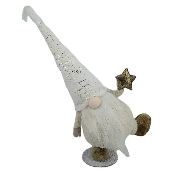 Dekofigur Wichtel auf einem Bein - L x B x H: 7 x 23 x 68 cm, Kunststoff - Weiß-goldener Glitzer-Gnom mit langem Bart, hält einen funkelnden Goldstern. Steht auf einem runden grauen Sockel.