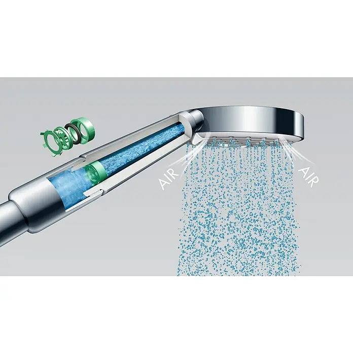 Hansgrohe Vernis Blend Duschsystem 200 Eco - Durchflussmenge: 6,8 l/min, Chrom - Detaillierte Ansicht eines Duschkopfs, der die Technologie der Luftzufuhr zur Verbesserung des Wasserflusses zeigt.