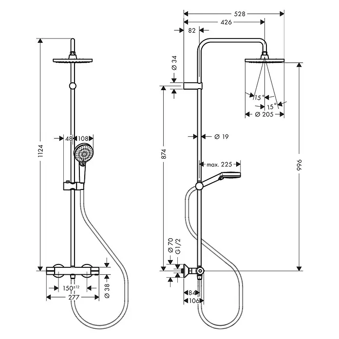 Hansgrohe Vernis Blend Duschsystem 200 Eco - Durchflussmenge: 6,8 l/min, Chrom - Abbildung einer Duschgarnitur mit Hand- und Kopfbrause mit Maßangaben zur Installation und Montage.