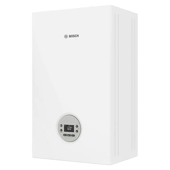 Bosch Caldera de gas Condens GC 1200 W 20/24 - 24 kW, 6 l, Gas natural, Display multifunción - Primer plano de una caldera de gas Bosch, que destaca sus controles modernos y fáciles de usar y su elegante diseño blanco.