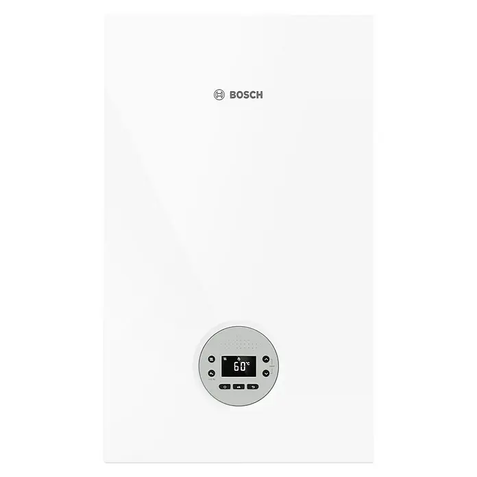 Bosch Caldera de gas Condens GC 1200 W 20/24 - 24 kW, 6 l, Gas natural, Display multifunción - Aparato de calefacción Bosch con pantalla digital. El aparato muestra 60 grados Celsius y tiene un diseño moderno y elegante.
