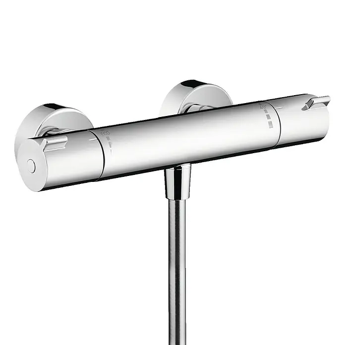 Hansgrohe Grifo con termostato MyFox - Ancho: 29,6 cm, Cromo, Resplandeciente - Primer plano de un brillante mezclador de ducha cromado con control de temperatura y función eco sobre fondo negro.