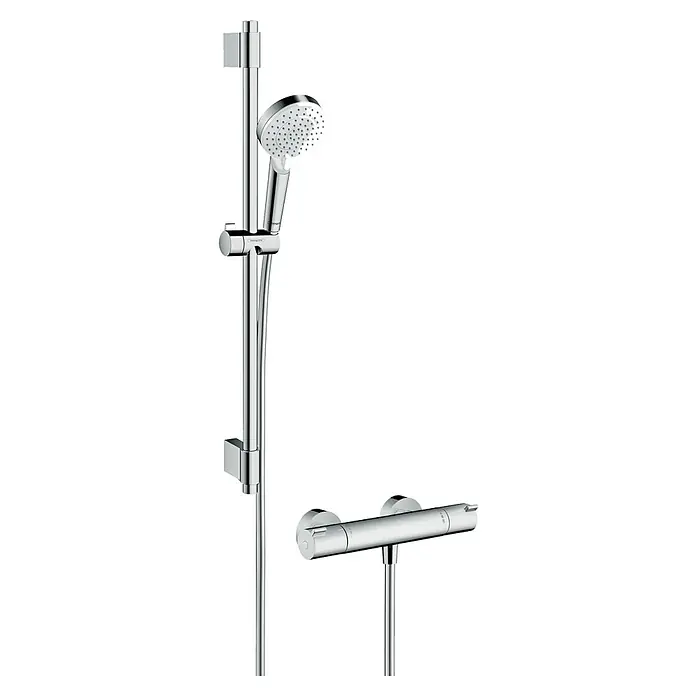 Hansgrohe Grifo con termostato MyFox - Ancho: 29,6 cm, Cromo, Resplandeciente - Conjunto de ducha cromado con teleducha y grifo termostático. Diseño moderno para una experiencia de ducha confortable.