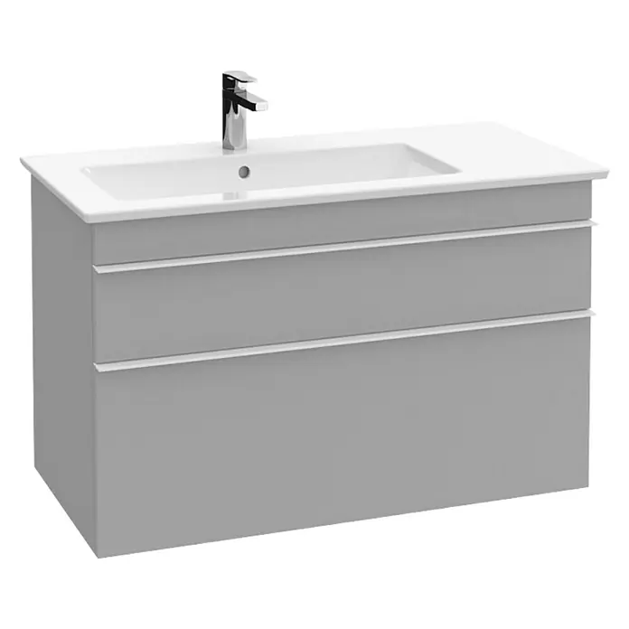 Villeroy & Boch Venticello Einbauwaschbecken - 100 x 50 cm, Ohne Spezialglasur, Hahnloch: Mitte, Weiß, Ablagefläche: Rechts - Bild eines grauen Waschbeckenschranks mit zwei Schubladen und einer Armatur.
