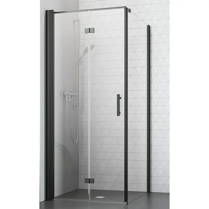 Camargue Vario Eckdusche B52+B6 - L x B x H: 80 x 80 x 195 cm, Beschichtet, Schwarz, Glasstärke: 6 mm - Duschkabine mit schwarzem Rahmen und Türgriff. Die Duschwand hat ein modernes Design, das Badezimmer wirkt dadurch sehr edel.