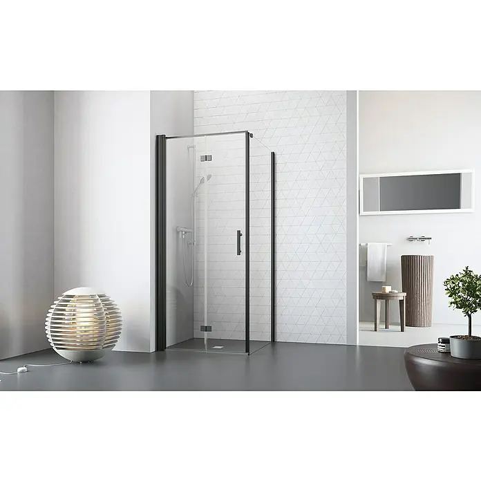 Camargue Vario Eckdusche B52+B6 - L x B x H: 80 x 80 x 195 cm, Beschichtet, Schwarz, Glasstärke: 6 mm - Ein modernes Badezimmer mit einer eleganten Duschkabine mit schwarzen Rahmen, die einen Hauch von zeitgenössischem Stil verleiht.