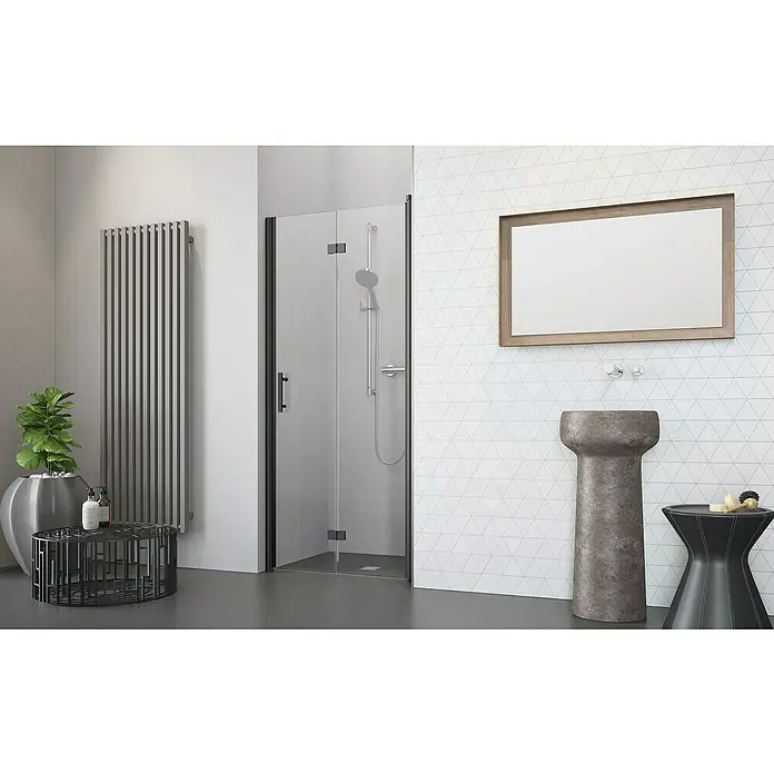 Camargue Vario Nischendusche B54+B9 - 100 x 195 cm, Beschichtet, Schwarz, 6 mm - Badezimmer-Interieur mit einer Duschkabine mit schwarzem Rahmen, einem Heizkörper und einem stilvollen Waschtischbereich mit Spiegel und Waschbecken.