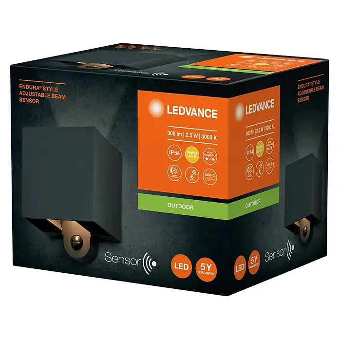 Ledvance Akku-Wandleuchte Endura Style Adjustable Beam Sensor USB - 10 x 9,7 x 12,6 cm, Grau, Warmweiß, 2,5 W, IP54 - Abbildung einer Verpackung für eine LEDVANCE Endura Style Außenleuchte mit verstellbarem Lichtstrahl und Bewegungssensor.