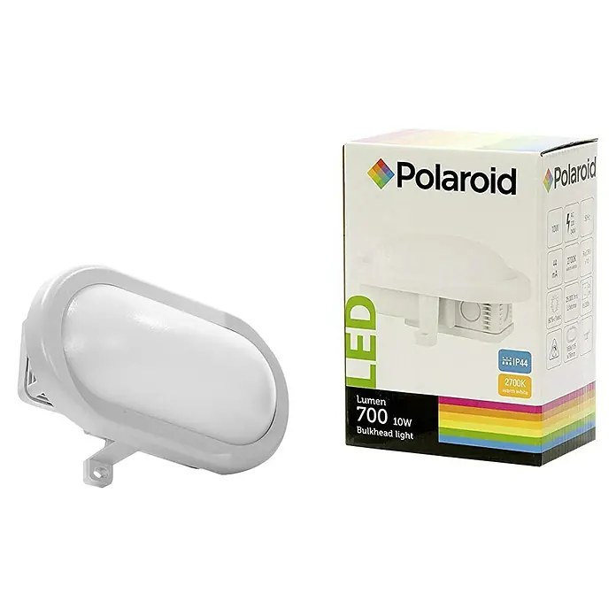 Polaroid LED-Außenwandleuchte - Weiß, L x B x H: 16,9 x 11,5 x 7,6 cm, 10 W - Ein Polaroid LED-Schottlicht mit 700 Lumen und 10 Watt, zusammen mit seiner Verpackung, die Produktinformationen anzeigt.