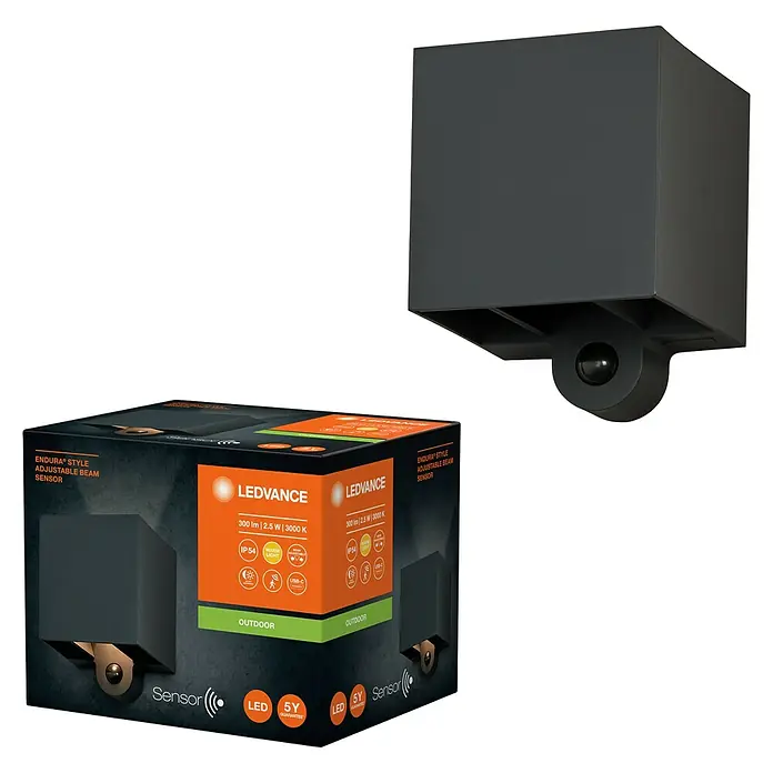 Ledvance Akku-Wandleuchte Endura Style Adjustable Beam Sensor USB - 10 x 9,7 x 12,6 cm, Grau, Warmweiß, 2,5 W, IP54 - Bild einer LEDVANCE Endura Style Outdoor-Leuchte mit verstellbarem Lichtkegel und Bewegungssensor, ideal für die Außenbeleuchtung.