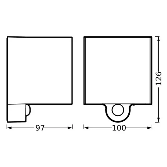 Ledvance Akku-Wandleuchte Endura Style Adjustable Beam Sensor USB - 10 x 9,7 x 12,6 cm, Grau, Warmweiß, 2,5 W, IP54 - Schemazeichnung eines Kastens mit Abmessungen von 97 x 126 mm und einer Aufhängung von 100 mm Breite.