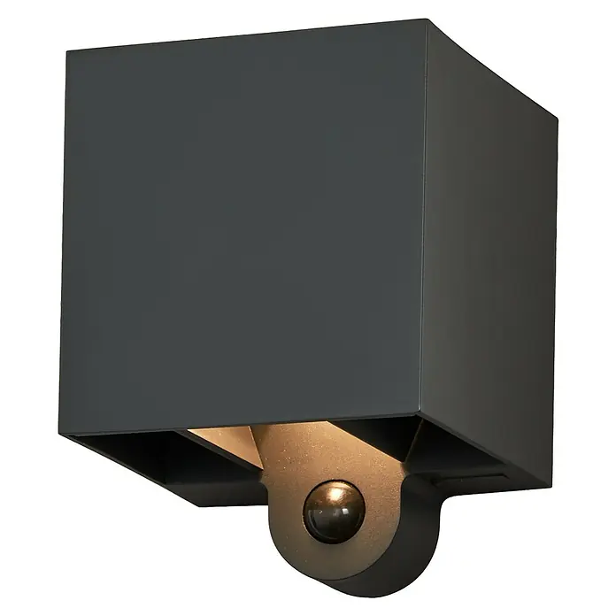 Ledvance Akku-Wandleuchte Endura Style Adjustable Beam Sensor USB - 10 x 9,7 x 12,6 cm, Grau, Warmweiß, 2,5 W, IP54 - Nahaufnahme einer modernen, würfelförmigen Außenwandleuchte in Anthrazit, die ein warmes Licht abgibt und eine stilvolle Beleuchtungslösung darstellt.