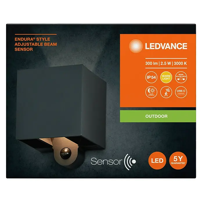 Ledvance Akku-Wandleuchte Endura Style Adjustable Beam Sensor USB - 10 x 9,7 x 12,6 cm, Grau, Warmweiß, 2,5 W, IP54 - Abbildung einer LEDVANCE Endura Style Außenwandleuchte mit einstellbarem Lichtstrahl und Bewegungssensor.