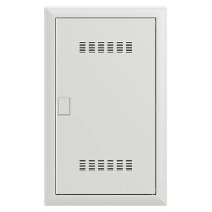 ABB - Striebel & John Unterputz-Verteiler Multimedia UK636MV - Anzahl Reihen: 3 Stk., 38,4 x 62,2 cm, Weiß - Ein weißer Wandschrank mit Lüftungsschlitzen und einem rechteckigen Griff. Optimal für diskrete Aufbewahrung mit Luftzirkulation.