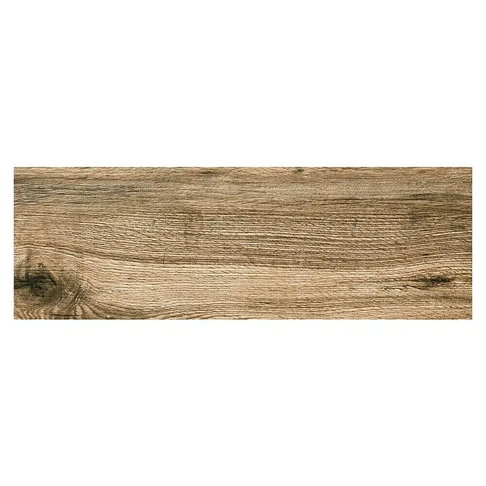Terrassenfliese Strobus - 40 x 120 x 2 cm, Oak/Braun, Matt - Nahaufnahme einer Fliese in Holzoptik mit Maserung und Astlöchern. Das Fliesendesign imitiert die natürliche Holzstruktur und Farbgebung.