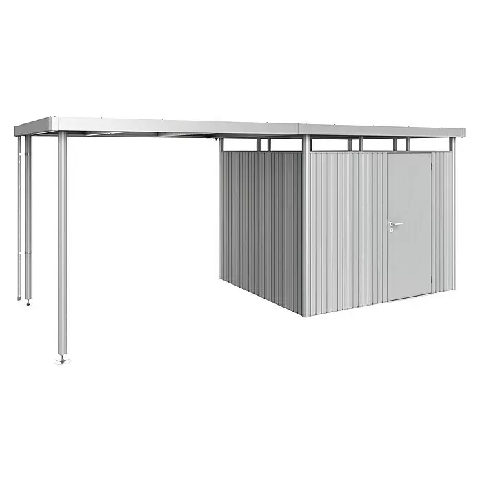 Biohort HighLine Seitendach H3 - Passend für: Biohort Gerätehaus HighLine H3, Silber Metallic, 2,75 x 2,35 m - Silber-grauer Fahrradunterstand aus Metall mit Flachdach und integriertem Geräteschuppen mit Tür und vertikalen Paneelen.