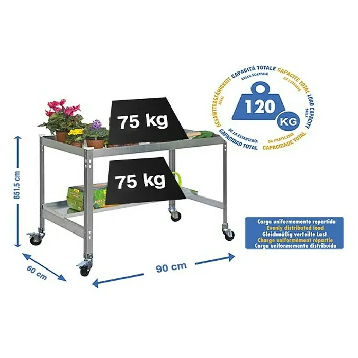 Simonrack Simongarden Mesa de cultivo Desk Mob - L x An x Al: 60 x 90 x 85 cm, Aluminio, Galvanizado/Gris - Imagen de un carro rodante plateado con dos estantes, cargado con pesos y plantas.