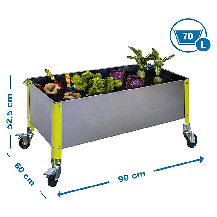 Simonrack Simongarden Huerto Urbano Urban Mob - 60 x 90 x 52,5 cm, Aluminio, Galvanizado/Verde - Imagen de una jardinera metálica elevada sobre ruedas con plantas de hortalizas y herramientas de jardinería, las dimensiones están marcadas en la imagen.