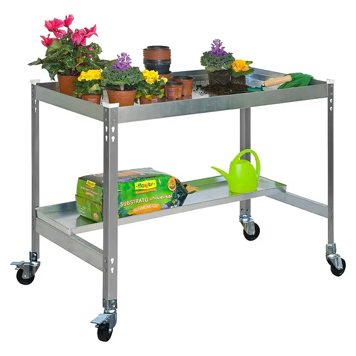 Simonrack Simongarden Mesa de cultivo Desk Mob - L x An x Al: 60 x 120 x 85 cm, Aluminio, Galvanizado/Gris - Carro de mesa para plantas de acero inoxidable con flores, macetas, tierra para macetas y regadera en dos estantes con ruedas.