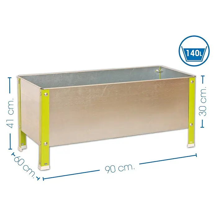 Simonrack Simongarden Huerto Urbano Urban - 60 x 90 x 41 cm, Aluminio, Galvanizado/Verde - Imagen de un huerto elevado rectangular de metal con patas verdes y etiquetas de dimensiones.