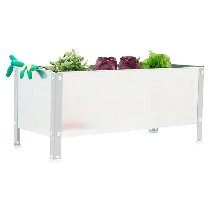 Simonrack Simongarden Huerto Urbano Urban - 40 x 90 x 41 cm, Aluminio, Galvanizado - Jardinera rectangular brillante llena de verduras verdes y guantes de jardinería. Es práctica para cultivar productos frescos en el jardín.