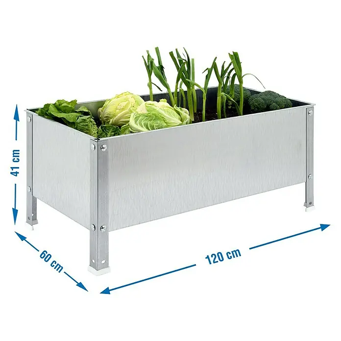 Simonrack Simongarden Huerto Urbano Urban - 60 x 120 x 41 cm, Aluminio, Galvanizado - Imagen de un huerto elevado rectangular plateado metálico con verduras y dimensiones de 41 x 60 x 120 cm.