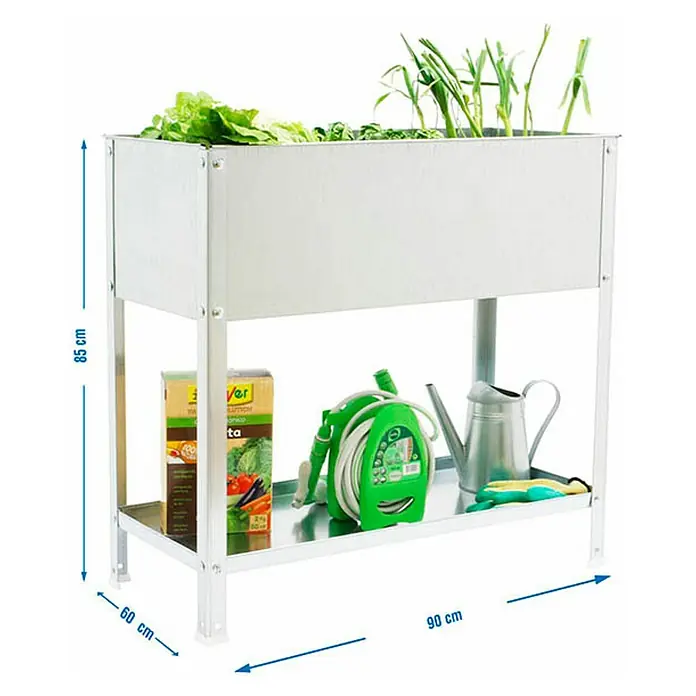 Simonrack Simongarden Mesa de cultivo Urbano Urban Top - 60 x 90 x 85 cm, Aluminio, Galvanizado - Mesa de cultivo elevada con dimensiones, ideal para jardinería, incluyendo almacenamiento para accesorios como manguera y regadera.
