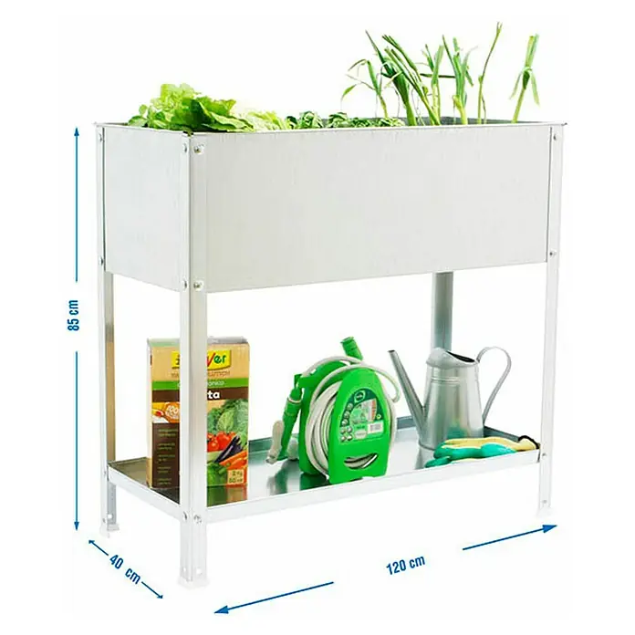 Simonrack Simongarden Mesa de cultivo Urbano Urban Top - 40 x 120 x 85 cm, Aluminio, Galvanizado - Huerto elevado de 85x40x120 cm, plantado con lechuga y puerros, con espacio de almacenamiento para herramientas.