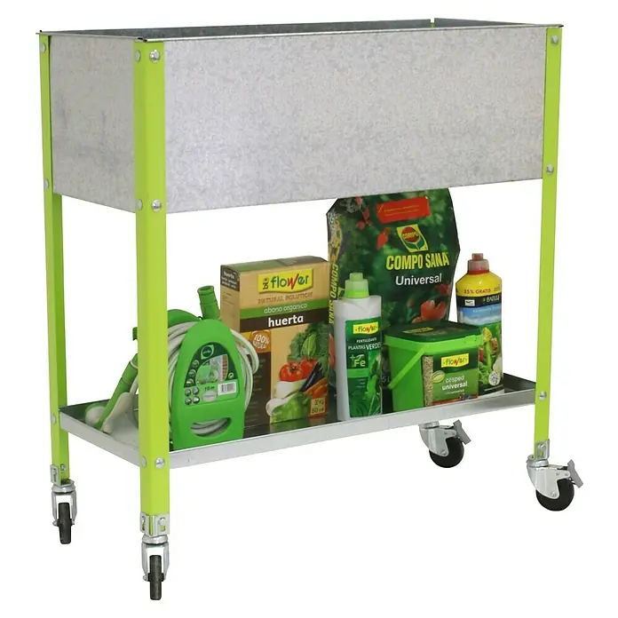 Simonrack Simongarden Huerto Urbano Urban TOPMOB - 40 x 120 x 96,5 cm, Aluminio, Galvanizado/Verde - Jardinera de metal sobre ruedas con utensilios de jardinería en un estante. Una ayuda práctica para los jardineros aficionados, ideal para balcón y terraza.