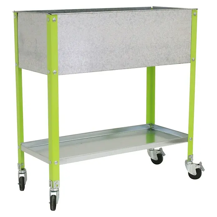 Simonrack Simongarden Huerto Urbano Urban TOPMOB - 40 x 120 x 96,5 cm, Aluminio, Galvanizado/Verde - Esta es una jardinera rectangular galvanizada con un marco verde brillante y un estante, con ruedas para facilitar su traslado.