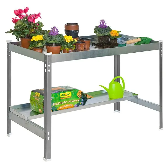 Simonrack Simongarden Mesa de cultivo Desk - L x An x Al: 60 x 120 x 84 cm, Aluminio, Galvanizado/Gris - Mesa de jardín con flores, tierra y regadera. La mesa ofrece amplio espacio para jardinería y cuidado de plantas. ¡Práctica y robusta!