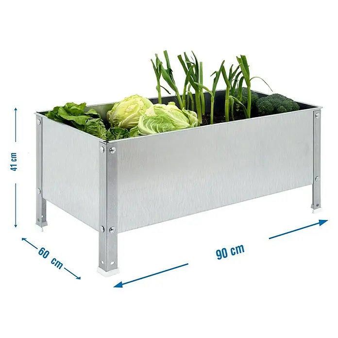Simonrack Simongarden Huerto Urbano Urban - 60 x 90 x 41 cm, Aluminio, Galvanizado - Un lecho de siembra elevado de metal lleno de verduras variadas, incluyendo medidas de altura, anchura y profundidad.