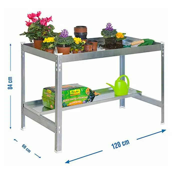Simonrack Simongarden Mesa de cultivo Desk - 60 x 120 x 84 cm, Aluminio, Galvanizado - Mesa de jardinería con plantas y accesorios. Práctica mesa de dos niveles para el jardín o la terraza.