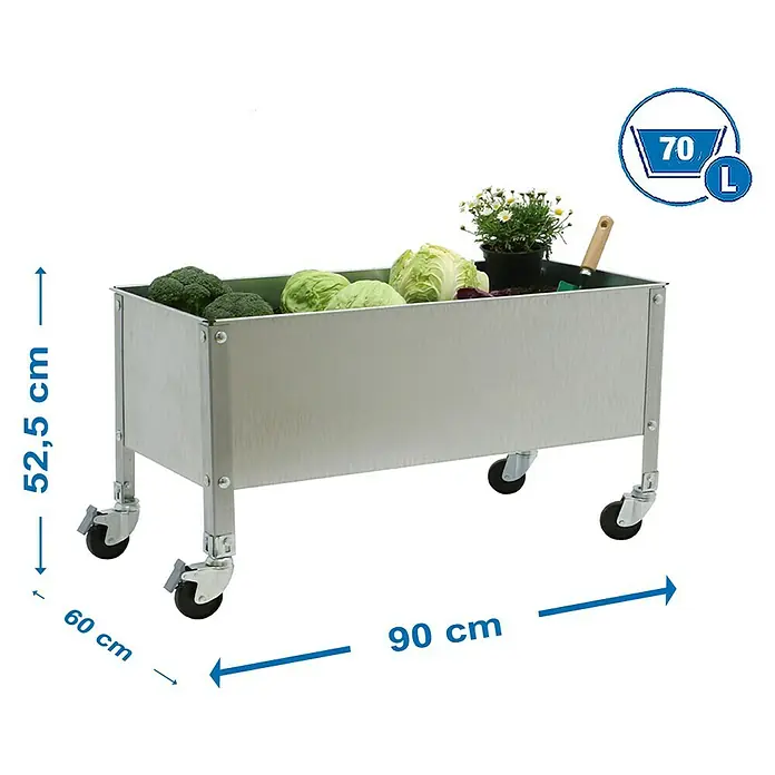 Simonrack Simongarden Huerto Urbano Urban Mob - 60 x 90 x 52,5 cm, Aluminio, Galvanizado - Imagen de un huerto elevado móvil de metal lleno de verduras, con medidas de altura, anchura y profundidad.