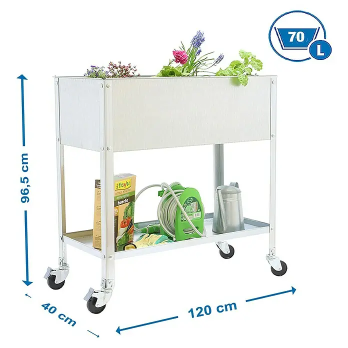 Simonrack Simongarden Huerto Urbano Urban TOPMOB - 40 x 120 x 96,5 cm, Aluminio, Galvanizado - Imagen de un huerto elevado rectangular con ruedas, con estante y especificaciones de tamaño.