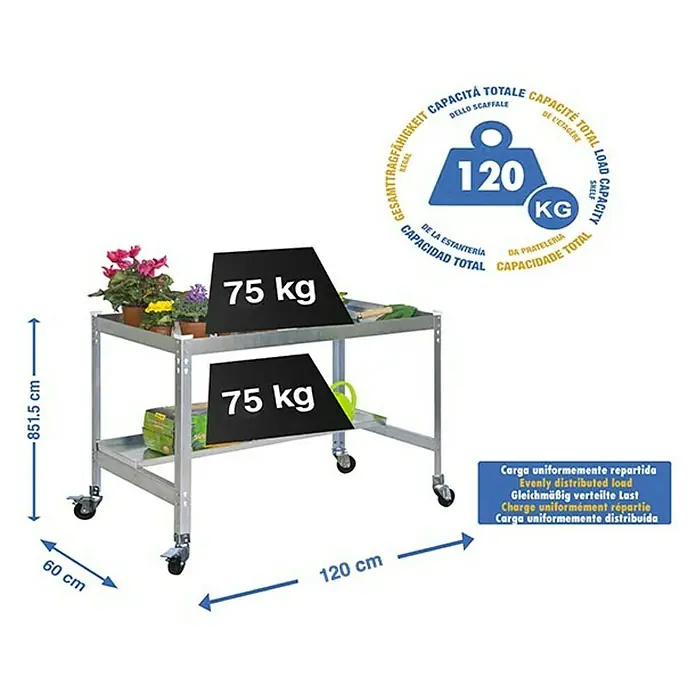 Simonrack Simongarden Mesa de cultivo Desk Mob - L x An x Al: 60 x 120 x 85 cm, Aluminio, Galvanizado - Carro de jardín con dos estantes y ruedas, ideal para transportar plantas y herramientas de jardín.