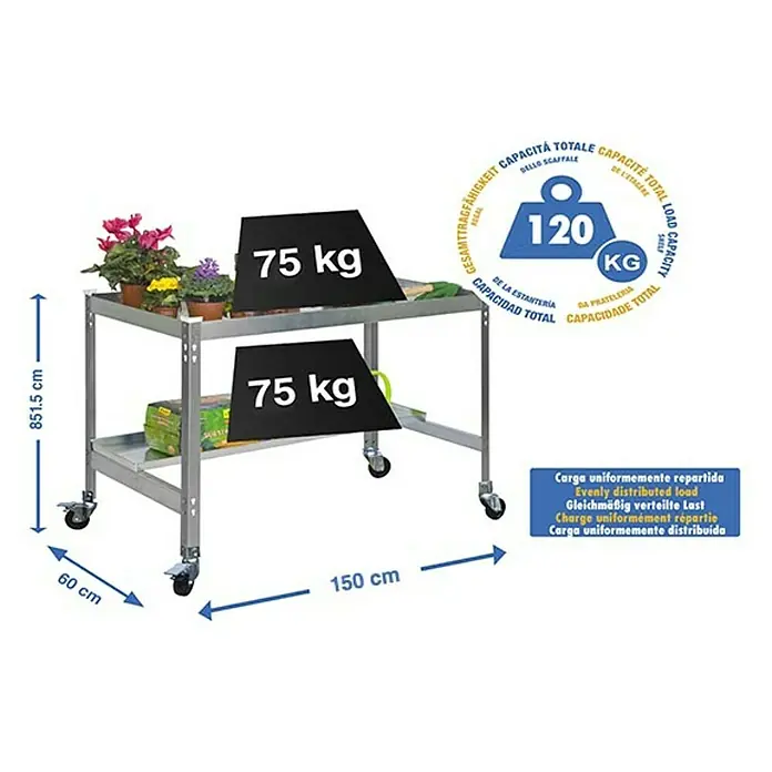 Simonrack Simongarden Mesa de cultivo Desk Mob - L x An x Al: 60 x 150 x 85 cm, Aluminio, Galvanizado/Gris - Imagen del producto de un carro rodante de dos niveles con una capacidad de carga máxima de 120 kg.