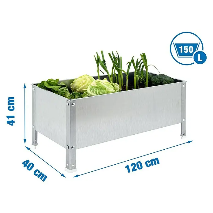Simonrack Simongarden Huerto Urbano Urban - 40 x 120 x 41 cm, Aluminio, Galvanizado - La imagen muestra un huerto elevado de metal, de 120 x 40 x 41 cm, plantado con lechuga, col y verduras.